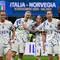 Pemain Timnas Norwegia, Thelo Aasgaard, Erling Braut Haaland, Patrick Berg, dan Torbjorn Lysaker Heggem merayakan kemenangan mereka di akhir pertandingan kualifikasi Piala Dunia 2026 zona Eropa melawan Italia, di Stadion San Siro, Milan, pada 16 November 2025. Mengalahkan Italia dengan skor 4-1 pada pertandingan terakhir Grup I Kualifikasi Piala Dunia 2026 zona Eropa, Timnas Norwegia memastikan tiket lolos ke Piala Dunia 2026. (Alberto PIZZOLI/AFP)