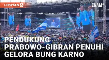 Massa pendukung pasangan nomor urut dua, Prabowo Subianto-Gibran Rakabuming Raka memadati lokasi kampanye akbar terakhir  Pilpres 2024 di stadion GBK. Lautan massa pendukung ada didalam stadion GBK.