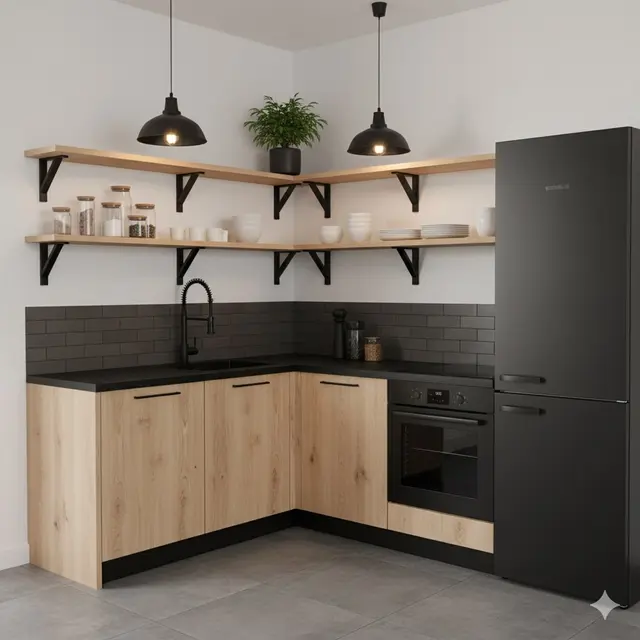 Dapur Bentuk L dengan Kombinasi Kayu & Hitam