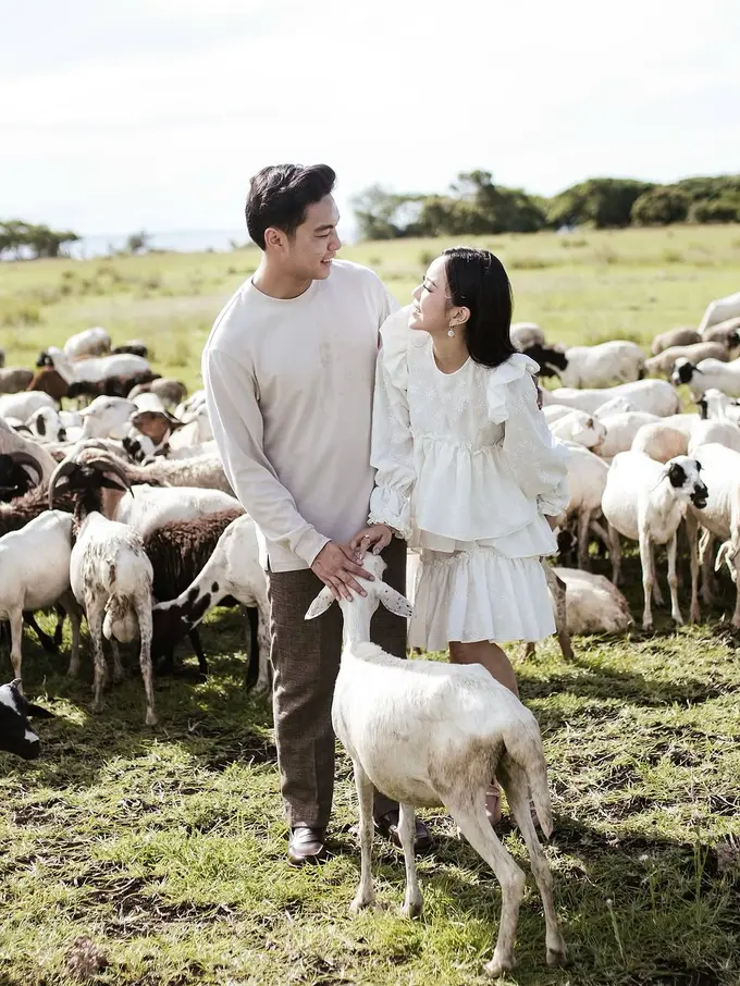 Potret Prewedding Jessica Jane dengan Gaya Cottagecore di Padang Rumput Bersama Kumpulan Domba