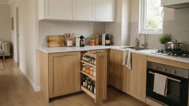 Desain Dapur Kecil dengan Kabinet Tarik di Celah Sempit