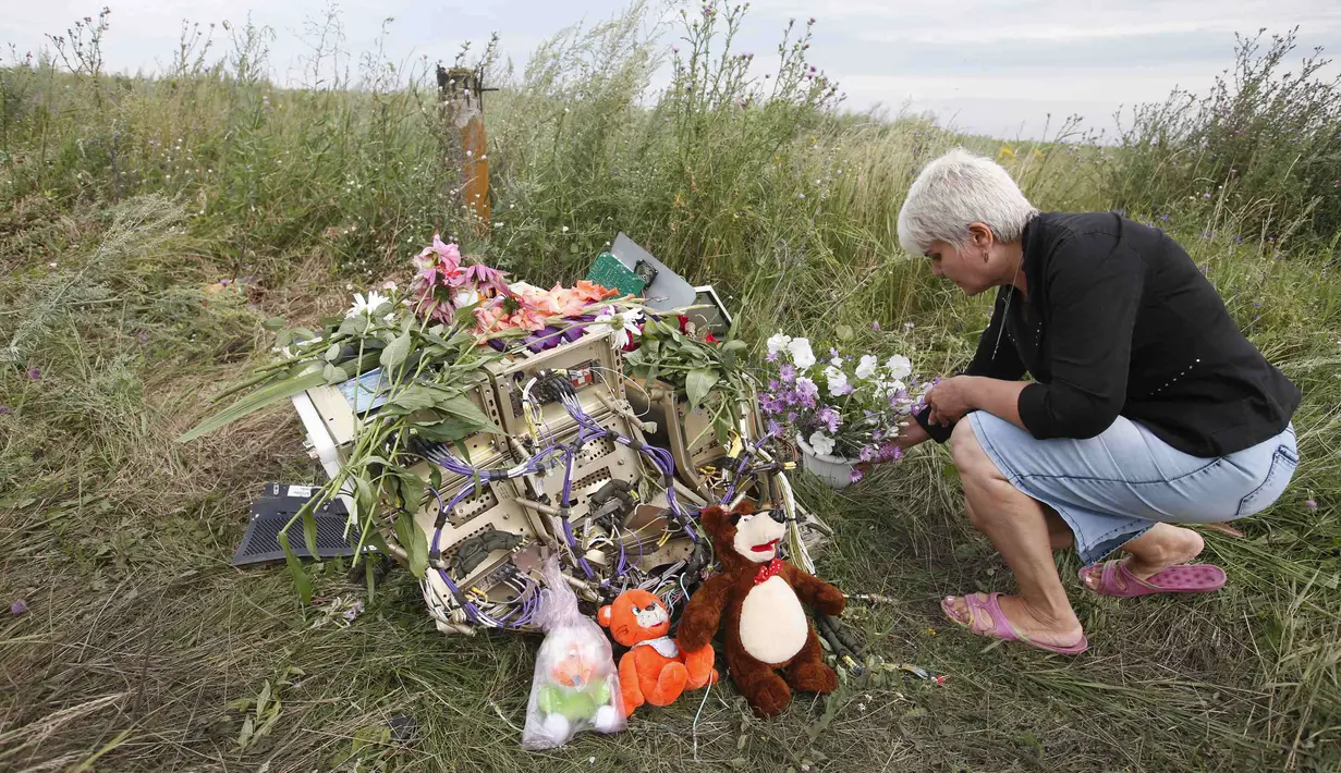 Pesawat MH17 Malaysia Airlines yang diduga jatuh karena serangan roket ini menewaskan 295 orang termasuk anak-anak, Ukraina, Sabtu (19/07/2014) (REUTERS/Maxim Zmeyev)