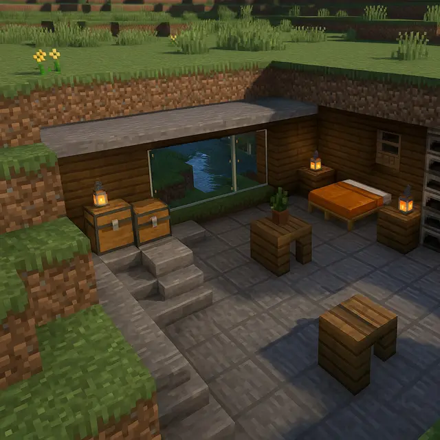 Contoh desain rumah bawah tanah bertema survival di Minecraft/Meta AI
