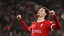 Pemain Liverpool, Curtis Jones melakukan selebrasi setelah mencetak gol ke gawang West Ham United pada laga perempat final Carabao Cup 2023/2024 di Anfield, Liverpool, Inggris, Kamis (21/12/2023) dini hari WIB. (AFP/Oli Scarff)