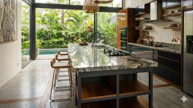 Desain Meja Dapur Baja Ringan dengan Top Table Granit