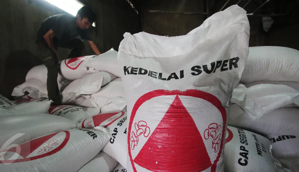 Pekerja merapikan karung - karung berisi kedelai di Jakarta, Rabu (6/1/). Tahun 2016 ini produksi kedelai diperkirakan masih sulit beranjak dari kisaran 800-900 ribu ton per tahun sehingga impor kedelai belum bisa dikurangi. (Liputan6.com/Angga Yuniar)