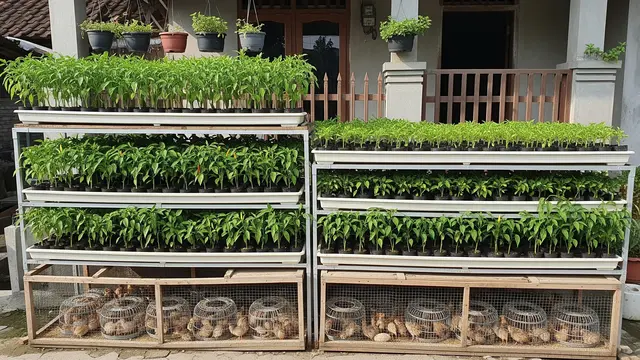 Kandang Puyuh dan Cabai Rawit Sistem Rak Tanam
