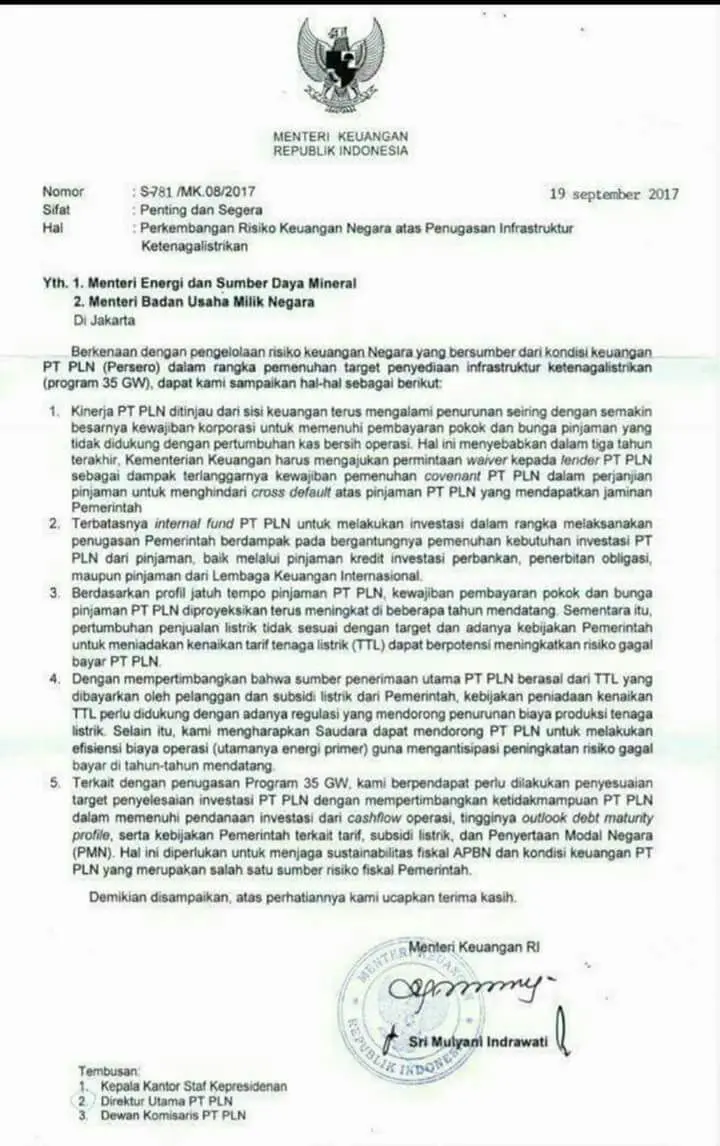 Surat Menteri Keuangan Sri Mulyani kepada Menteri BUMN dan Menteri ESDM soal potensi gagal bayar utang PLN.