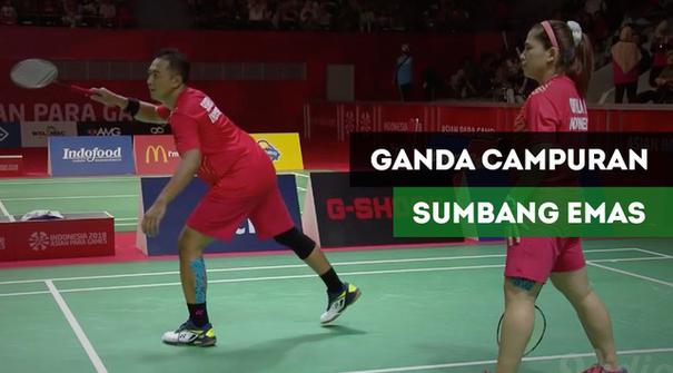 Berita video ganda campuran Indonesia raih emas setelah mengalahkan pasangan Thailand Saensupa / Srinavakul dengan skor 21-8, 21-6.