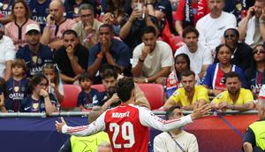 Selebrasi penggawa Arsenal Kai Havertz usai mencetak gol ke gawang Paris Saint-Germain (PSG) pada final Liga Champions 2025/2026 di Puskas Arena, Sabtu (30/5/2026). (AFP/Franck Fife)