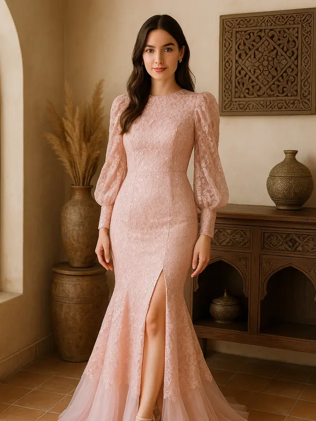 Trend Long Dress Brokat 2025 Warna Pastel dan Model Mermaid