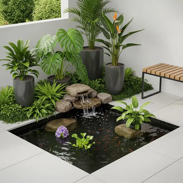 Kolam Mini yang Menyatu dengan Pot Tanaman (AI Generated)