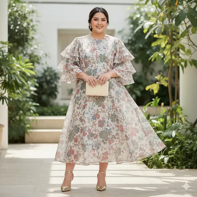 Model Dress Batik Lengan Bishop untuk Plus Size