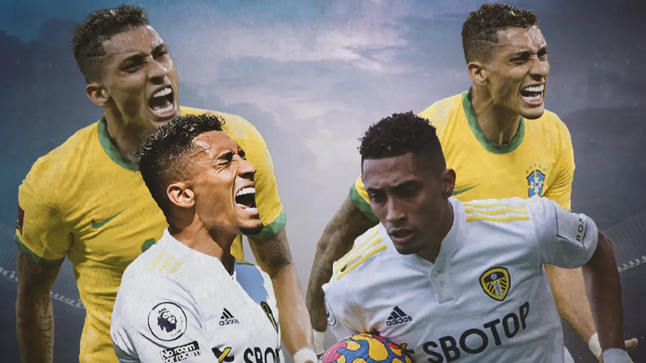 Raphinha berbagai gaya. Kombinasi jersey Leeds dan Brasil
