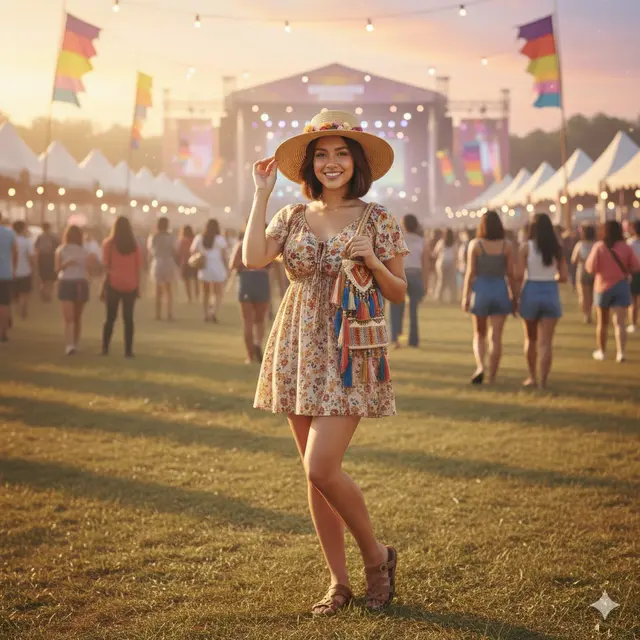 Prompt AI Edit Foto Festival Musik Gaya Boho Outdoor