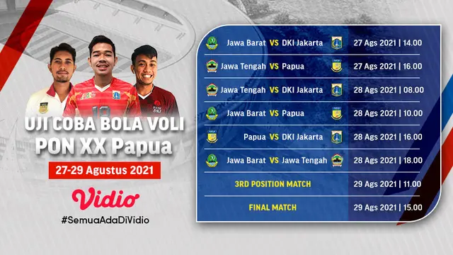 Jadwal dan Live Streaming Laga Uji Coba Voli PON XX Papua di Vidio Pekan Ini, 27-29 Agustus 2021
