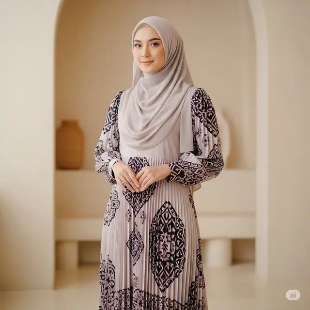 Gamis Satin Plisket Lengan Puffy