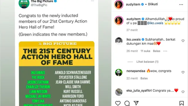 Bangga, Iko Uwais Masuk Jajaran 21st Century Action Hero Hall Of Fame Sejajar dengan Bintang Top Hollywod. (instagram.com/audyitem)