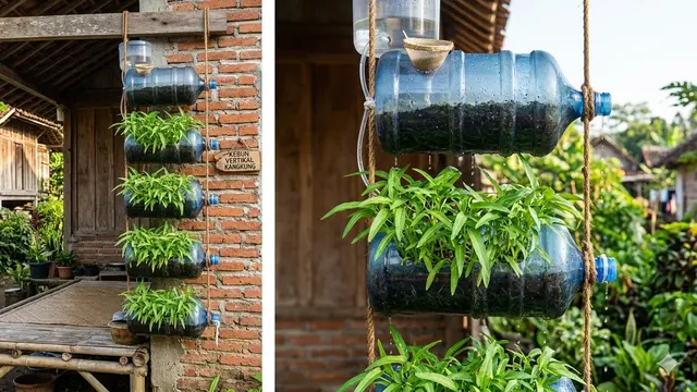Ide Kebun Vertikal dari Galon Air Mineral Bekas. AI