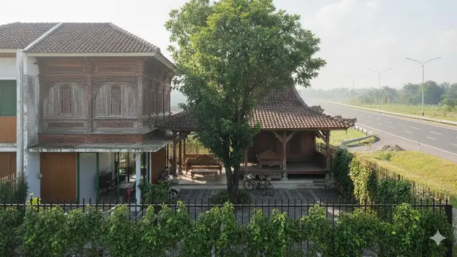 Desain Landscape Rumah di Desa Dekat Jalan Raya. AI