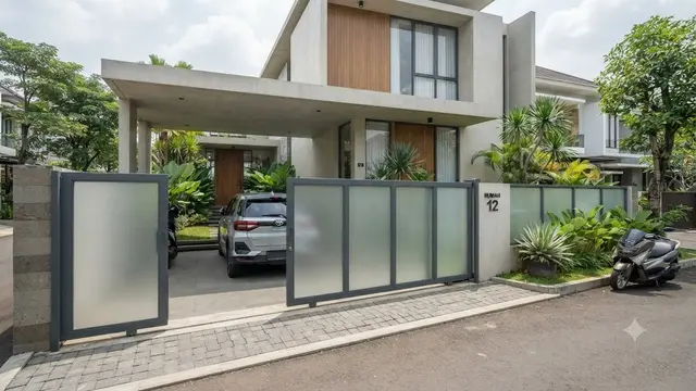 Pintu Pagar Geser Aluminium dengan Panel Kaca Buram (AI Generated)