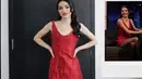 Tak berhenti di situ, Rachel juga tampil memukau dalam balutan gaun merah dari Emilia Wickstead saat berbincang dengan Jimmy Kimmel. Gaun mini dengan aksen floral ini menghadirkan kesan klasik yang tetap modern.  [@sarahslutsky].