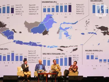 Chief Economist PT BNI Tbk Ryan Kiryanto (kanan) bersama Managing Director Head of Digital Banking & Deputy Head of Consumer Banking Group PT Bank DBS Indonesia Leonardo Koesmanto dan Direktur PT BRI Indra Utoyo berdiskusi dalam IDC 2019 di Jakarta, Kamis (28/11/2019) . (Liputan6.com/Angga Yuniar)