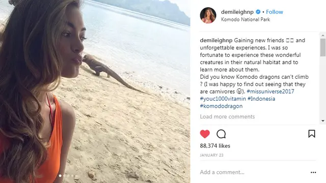 Demi Leigh Peters Miss Universe 2017 Berani Selfie dengan Komodo