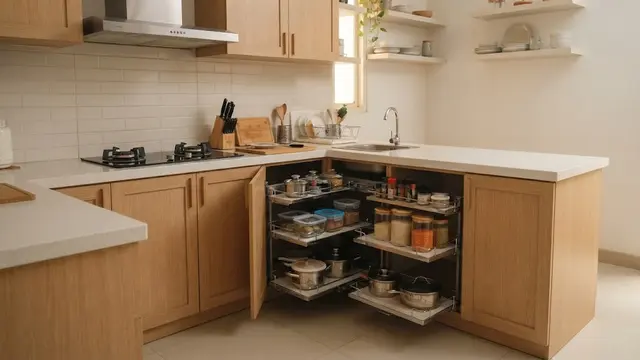 Desain Dapur Kecil dengan Kabinet Tarik di Celah Sempit