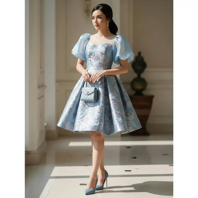 Dress Brokat Lengan Balon Pendek. Foto: Gemini