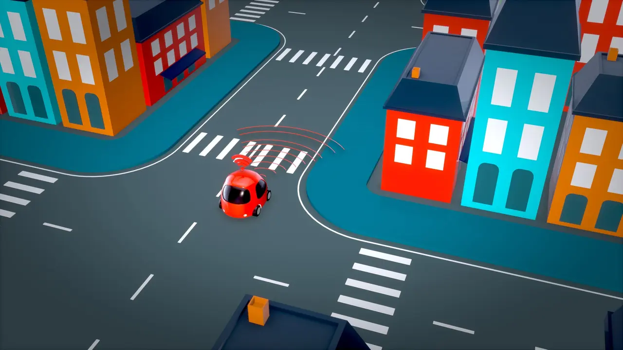 Ilustrasi mobil otonomos, mobil pintar