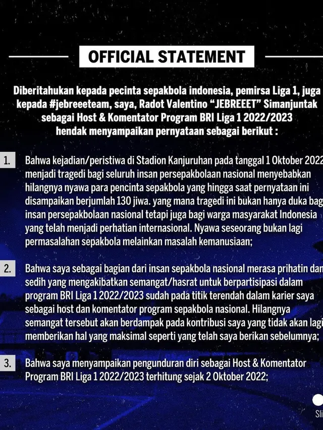 6 Pernyataan Valentino Jebret Mundur dari Host BRI Liga 1, Ungkapkan Duka Cita