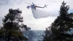 Helikopter menjatuhkan air di atas hutan selama kebakaran hutan di pinggiran kota Stamata, di utara Athena, Yunani, Senin, 4 September 2023. (AP Photo/Thanassis Stavrakis)