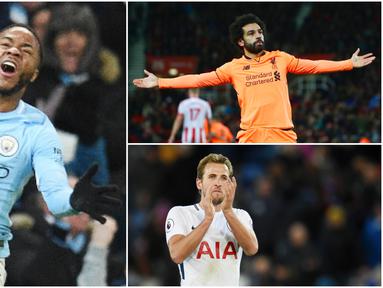 Berikut ini top scorer sementara Premier League musim 2017/2018 hingga pekan ke-14. Mohamed Salah geser Harry Kane dari puncak klasemen. (Kolase foto-foto dari AFP)