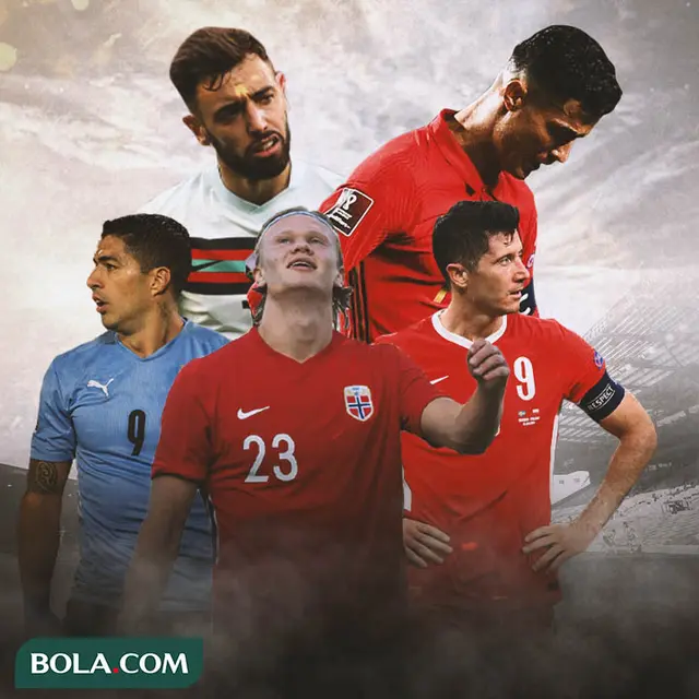 Ilustrasi - Erling Haaland, Luis Suarez, Bruno Fernandes, Robert Lewandowski, Cristiano Ronaldo