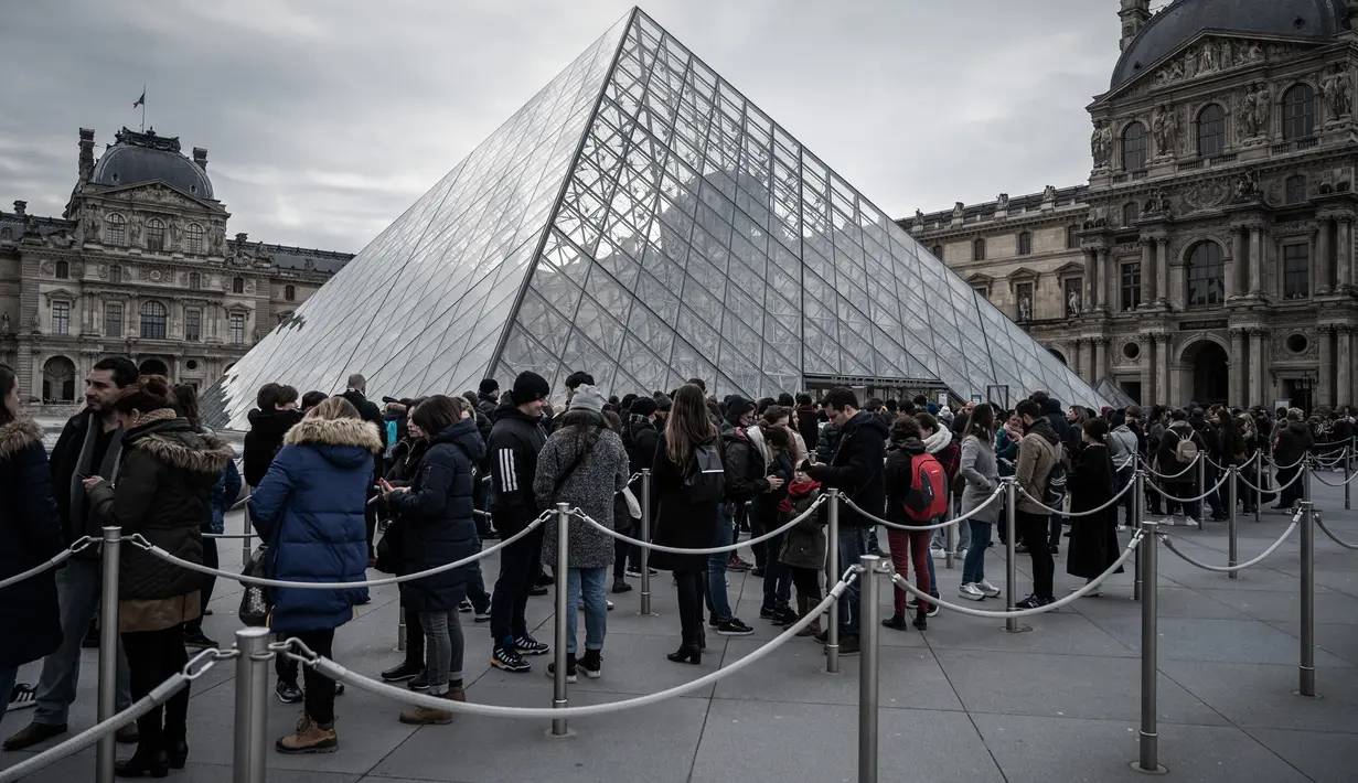 Pengunjung mengantre di luar Pyramid, pintu masuk utama menuju museum Louvre, di Paris, Rabu (4/3/2020). Louvre di Paris, museum yang paling banyak dikunjungi di dunia, kembali dibuka setelah pegawai yang khawatir dengan penularan virus corona setuju kembali masuk kerja. (Philippe LOPEZ/AFP)