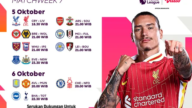 Jadwal Liga Inggris 2024/25 Matchweek 7 di Vidio
