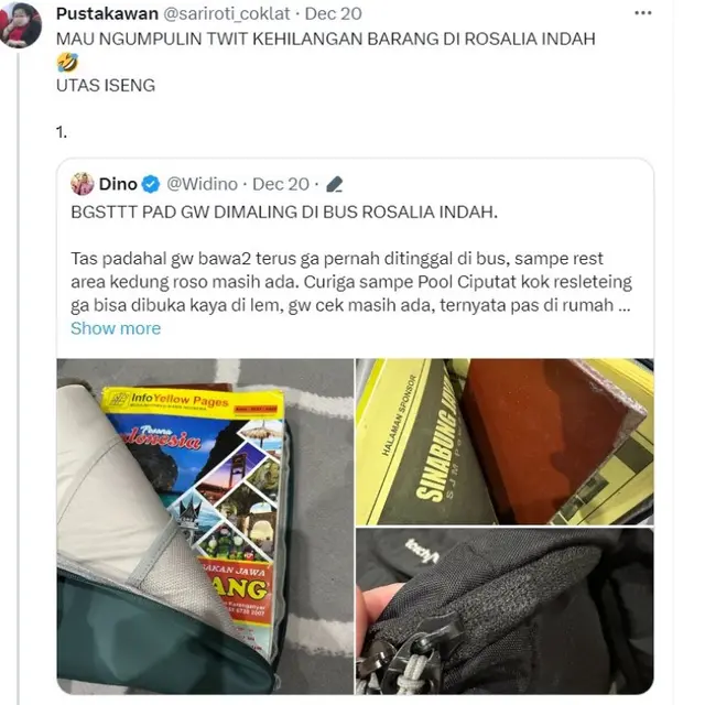 Warganet Ungkap di Twitter Sudah Ada 50 Kasus Pencurian Barang di Bus Rosalia Indah.  foto: Twitter @sariroti_coklat