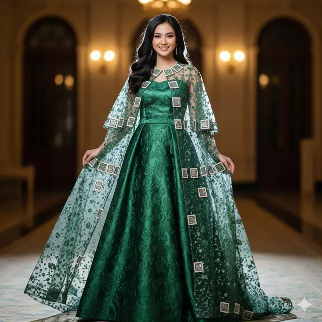 A-Line Dress dengan Cape Layer Tile