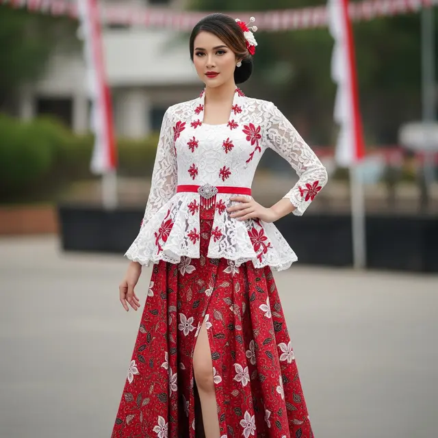 Dress Batik Kombinasi Brokat Tema Hari Kemerdekaan (AI Generated)