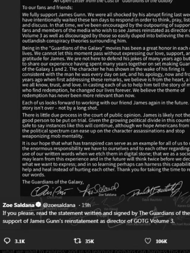 Lewat postingan Twitter Zoe Saldana, para cast GUARDIAN OF THE GALAXY tulis surat terbuka untuk memberi dukungan pada James Gunn. © Twitter/zoesaldana