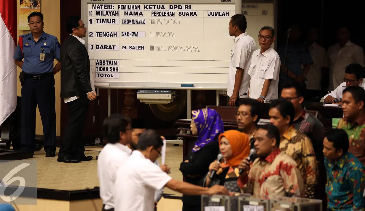 Mohammad Saleh terpilih lewat pemungutan suara dan mendapat 61 suara, sedangkan Farouk Muhammad mendapatkan 23 suara; GKR Hemas 31 suara, Senayan, Jakarta, Selasa (11/10). .(Liputan6.com/Johan Tallo)