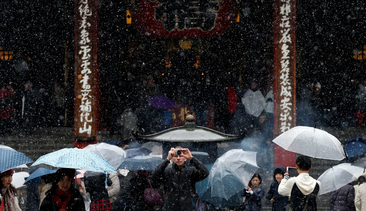 Seorang turis mengabadikan salju yang turun di Tokyo, Jepang, Kamis (24/11). Kota Tokyo dilanda hujan salju pada bulan November untuk pertama kali dalam 54 tahun terakhir.(REUTERS / Toru Hanai)