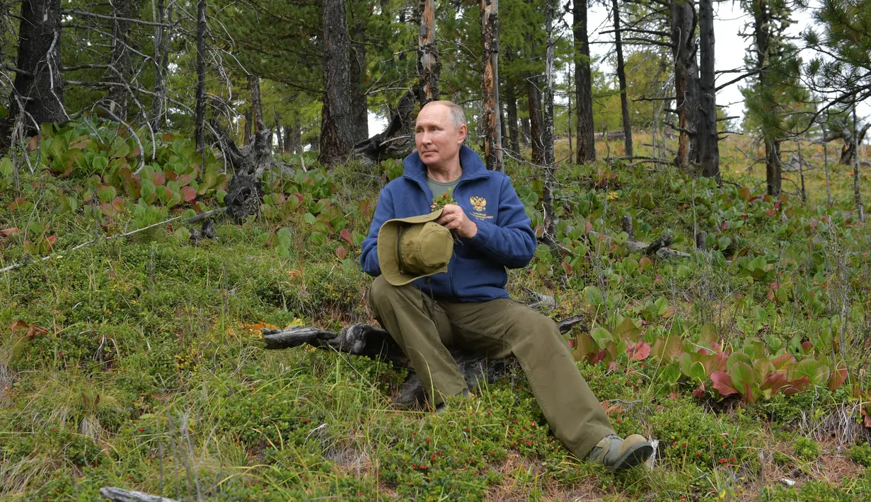 Presiden Rusia, Vladimir Putin berpose ketika menghabiskan waktu di kawasan hutan pegunungan Siberia, pada 6 Oktober 2019. Kremlin merilis gambar Presiden Vladimir Putin saat merayakan hari ulang tahun ke-67 pada Senin (7/10/219). (Alexey DRUZHININ / Sputnik / AFP)