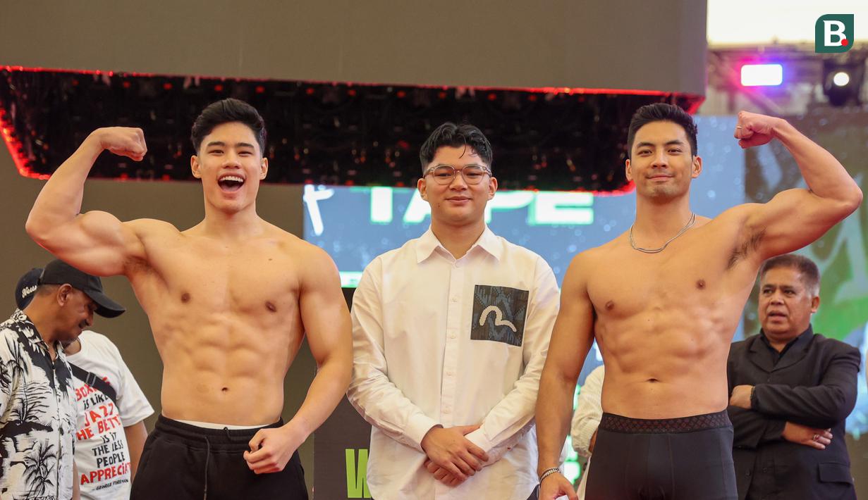 Enrique Dustin (kiri) dan Yoshi Sudarso (kiri) foto bersama pada acara Press Conference Superstar Knockout edisi 2 di Jakarta International Velodrome, Rawamangun, Sabtu (7/12/2024).
