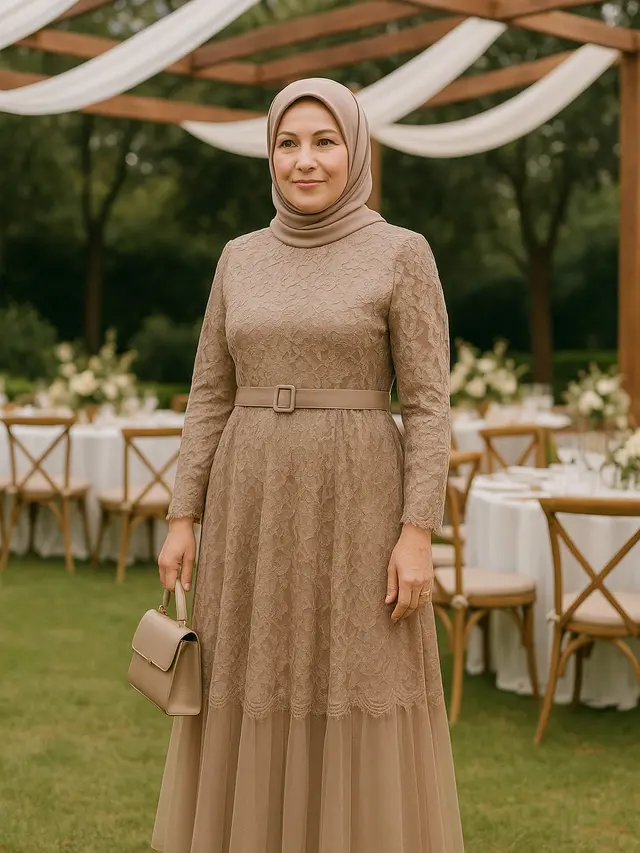 Model Gamis Brokat Tali Pinggang untuk Ibu-ibu Usia 40 Tahun