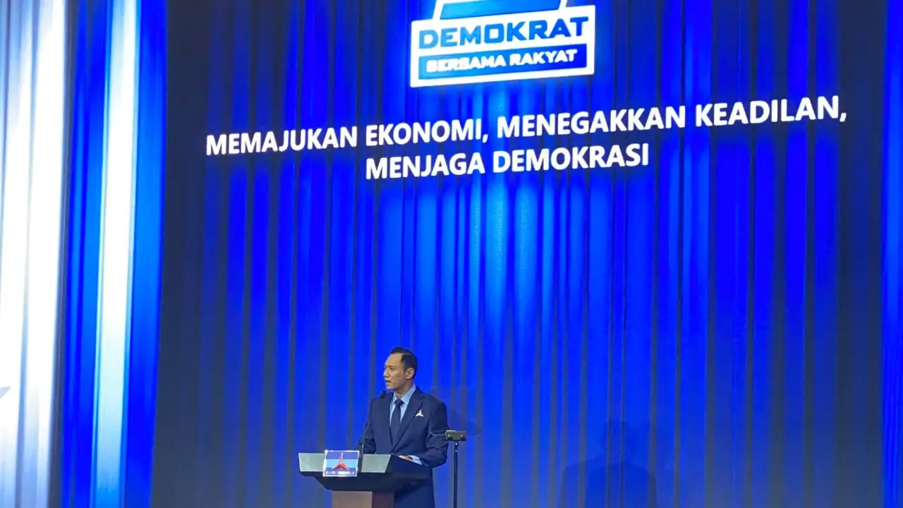AHY pidato politik HUT ke-25 Partai Demokrat. (liputan6.com/Rfqy alief Abbiya).