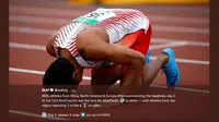 Lalu Muhammad Zohri sujud syukur atas kemenangan meraih emas di Kejuaran Dunia Atletik U-20, Tampere, Finlandia pada 11 Juli 2018. (Twitter International Association of Athletics Federations)