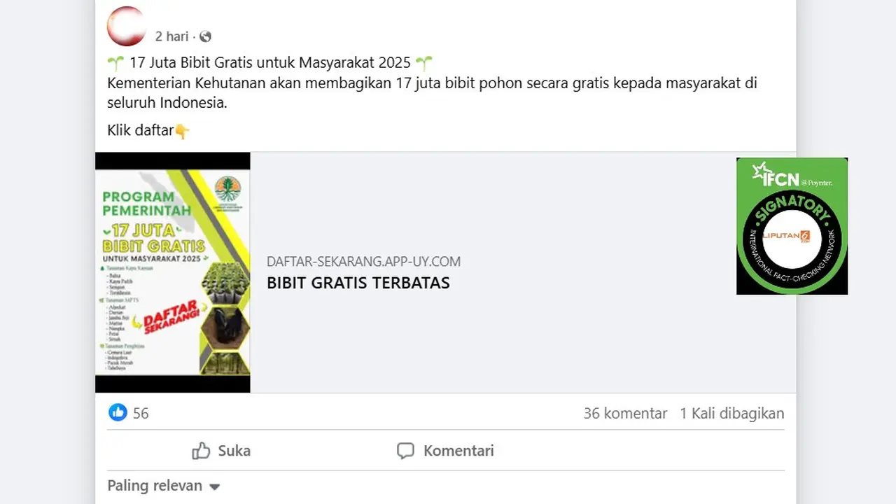 Tangkapan layar klaim link pendaftaran pembagian bibit pohon gratis dari Kemenhut. Simak faktanya