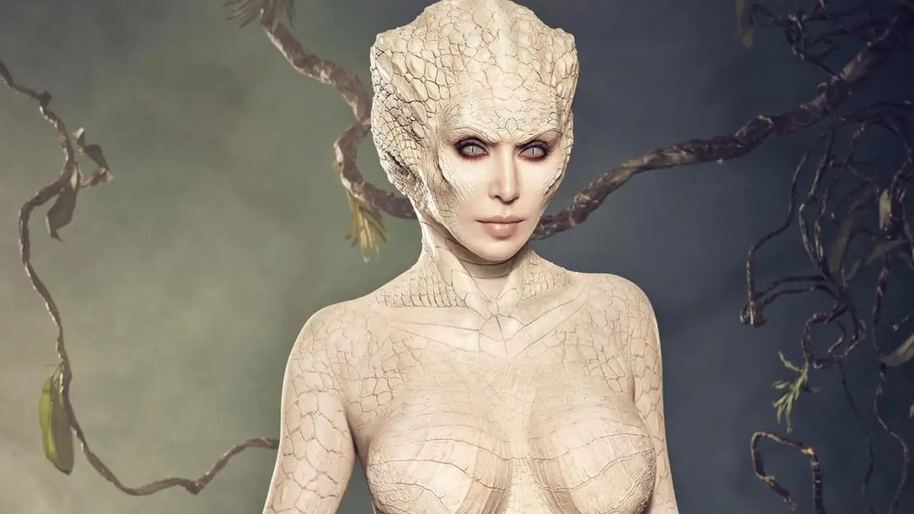 Kim Kardashian Bertranformasi Jadi Buaya Albino untuk Halloween, Tubuh Mulus Penuh Sisik